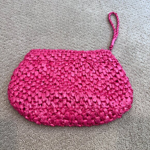 Handmade Pink Plastic Raffia Woven Clutch Wristlet Bag Philippines Retro Tourist - Picture 4 of 8